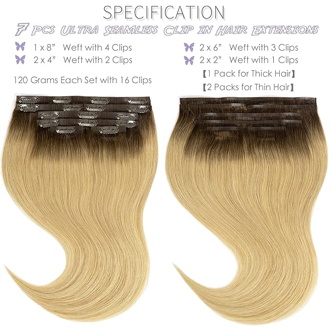 Lacer Seamless Clip in Hair Extensions Human Hair PU Glue Weft Clip on Hair Extensions R#4/18 Dark Brown with Ash Blonde Roots 16 Inch 110G 7pcs