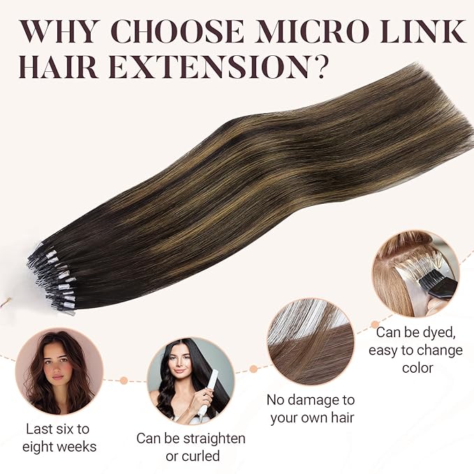 MAXITA Microlink Hair Extensions Human Hair Balayage Dark Brown Mixed Chestnut Brown Micro Bead Hair Extensions Virgin Human Hair, 50g/50 Strands/Pack, 18 In