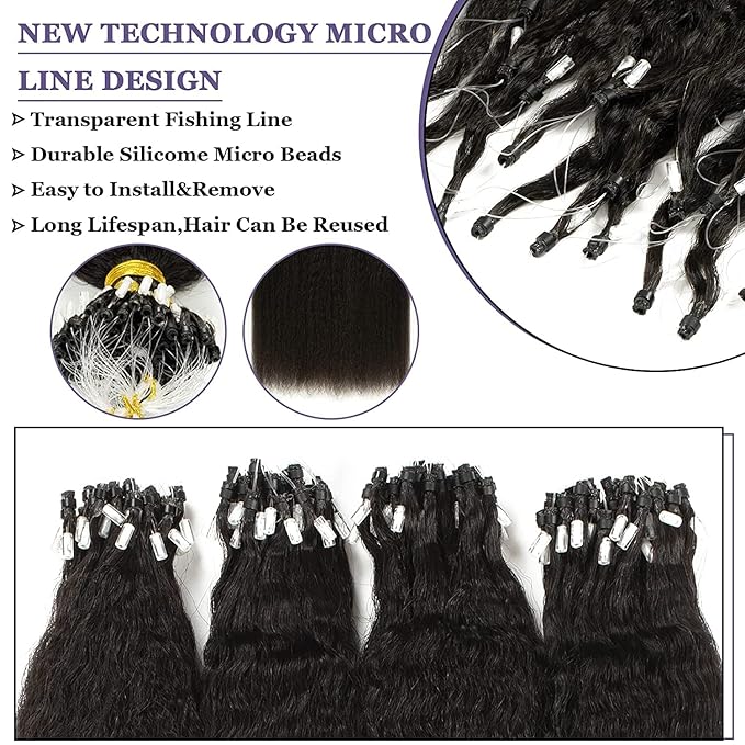Anrosa Microlink Hair Extensions Human Hair Kinky Straight Micro Loop Hair Extensions 100% Brazilian Virgin Hair Cold Fusion Micro Rings Hair Extensions for Black Women 14 Inch 40g 50 Strands