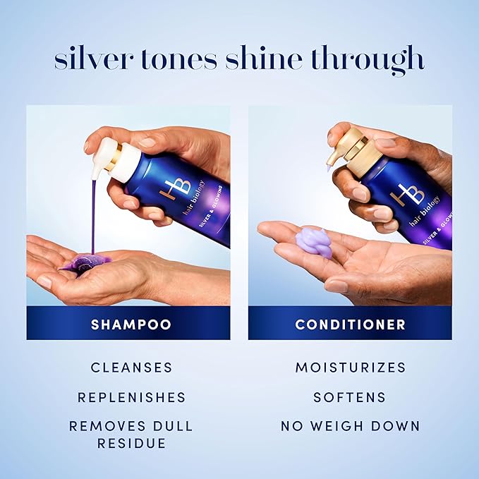 Hair Biology Biotin-Infused Purple Shampoo and Conditioner Set for Grey Hair, Anti-Brassiness, Moisturizing, Color-Safe, Silver & Glowing, Corrects Yellow Tones, 12.8 Fl Oz Each, 2 Pack