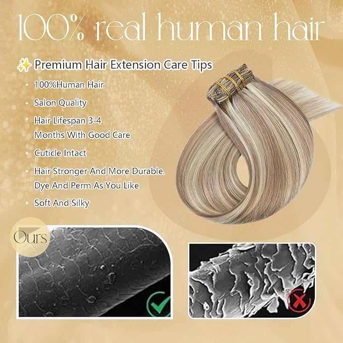 Blonde Human Hair Extensions Clip Ins 22 Inches 115g Light Brown Mixed Bleach Blonde Hair Clip in Extensions Real Human Hair Straight Silky #8/22/8 7pcs