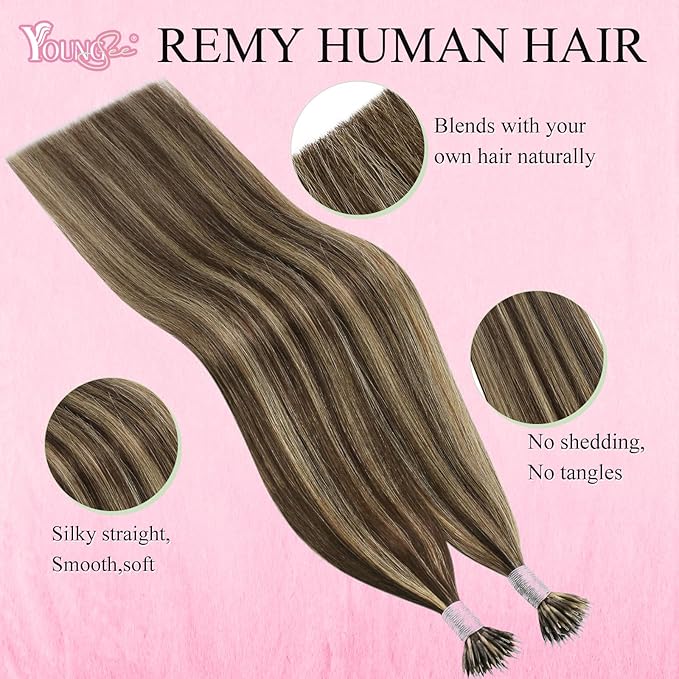 YoungSee Nano Hair Extensions Real Human Hair Brown Nano Beads Hair Extensions Human Hair Dark Brown Highlight Caramel Blonde for Long Hair Silky Straight Natural Looking 24in 50s 50g