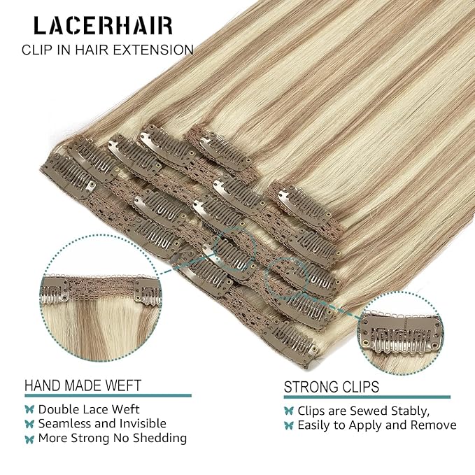 Lacer Hair Clip In Hair Extensions Human Virgin Hair Thick Weft Light Brown And Platinum Blonde Highlights Color Metal Clip Salon Quality Straight Clip In Hair Extension 7 Pieces 140 Gram 22 Inch