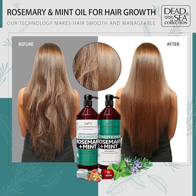 Dead Sea Collection Shampoo and Conditioner Set for Strengthening and Volume - Pure Dead Sea Minerals, Rosemary and Mint – Hair Care - Nutrition, Repair and Shine - Pack of 2 (33.8 & 30.6 Fl. Oz)