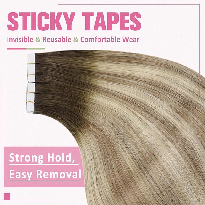 YoungSee Human Hair Tape in Extensions Balayage Brown Tape in Hair Extensions Real Human Hair Brown Ombre Blonde with Medium Brown Tape Human Hair Extensions Silky Straight 20 Inch 20pcs 50g