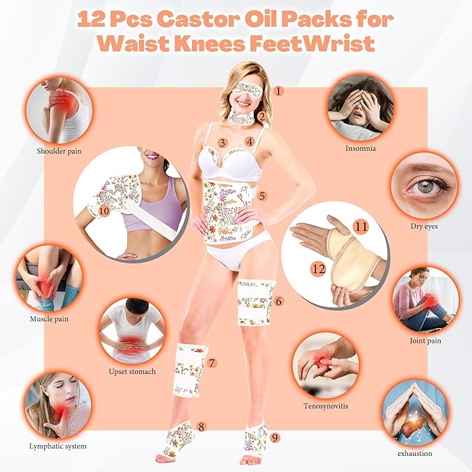 12 Pcs Castor Oil Pack Wrap, Reusable Castor Oil Pack Kit Organic Cotton for Shoulder Hands Neck Waist Chest Knees and Feet, Adjustable Compress Pads for Entire Body, Anti Oil Leak(White)