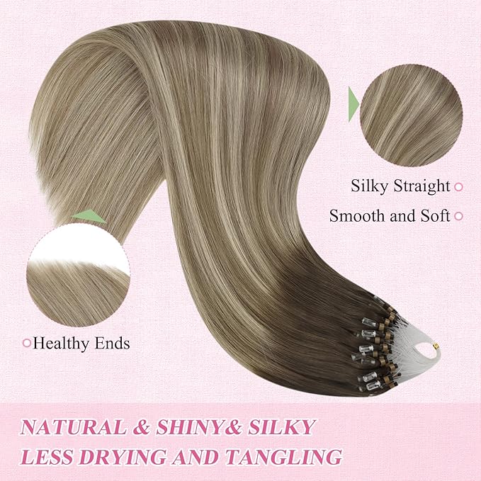 YoungSee Micro Beads Hair Extensions Balayage Micro Loop Hair Extensions Dark Brown Ombre Brown with Blonde Micro Hair Extensions 22In Bead Hair Extensions Soft and Shiny for Wedding 50s/50g
