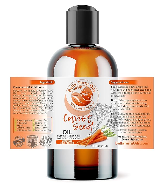 Bella Terra Oils - Organic Carrot Seed Oil 8 oz - Unveiling Organic Carrot's Enzymes & Nutritional Benefits, A Cold-Pressed Delight for a Natural Skin Glow