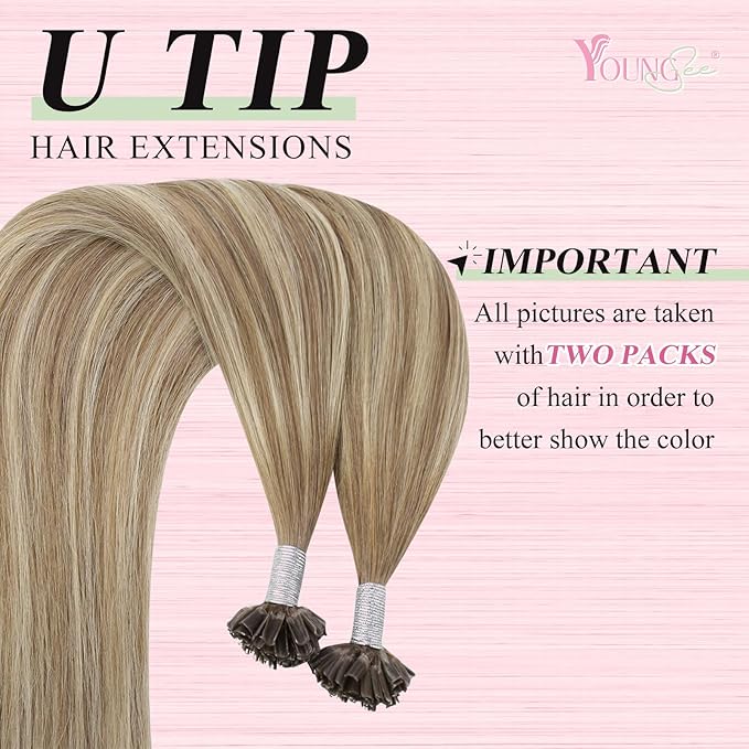 YoungSee Utip Hair Extensions Human Hair Balayage Light Brown Ombre Platinum Blonde U Tip Keratin Hair Extensions for Natural Looking Utips Extensions Real Human Hair Silky Straight 16In 1G/S 50G