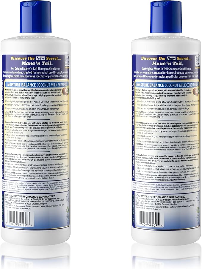 Mane 'n Tail Moisture Balance Shampoo & Conditioner with Coconut Milk & Biotin (20 Oz Each) | Sulfate-Free, Paraben-Free, Vegan Formula for Hydrated Hair & Scalp