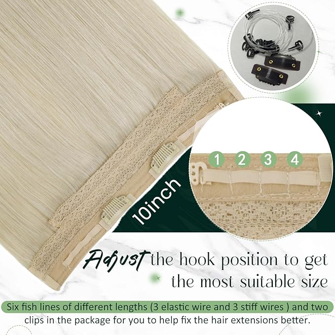 RUNATURE Wire Hair Extensions Human Hair, Platinum Blonde Hair Extensions One Piece Clip in Fish Line Hidden Extnesions, Silky Remy Natural Hair for Women 12 Inch 70g #60