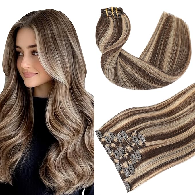 Youngsmile Real Human Hair Clip in Extensions, Clip in Hair Extension Human Hair, Thick End,18 Inch 120 Gram 7Pcs, Chocolate Brown Highlighted mixed Caramel Blonde (CLIP#4P27-18Inch)