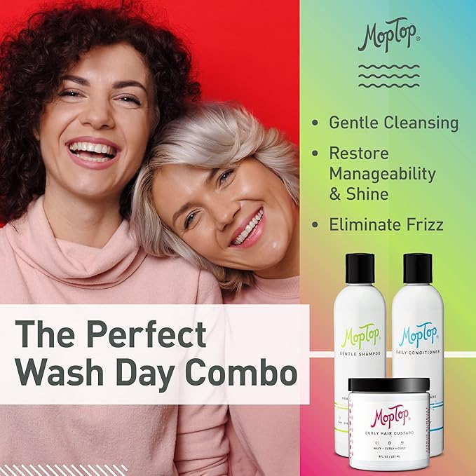MopTop Curly Hair Routine, Gentle Shampoo + Daily Conditioner + Styling Gel for Wavy and Coily Tresses, Color Safe, Moisturizing Women's Hair Care
