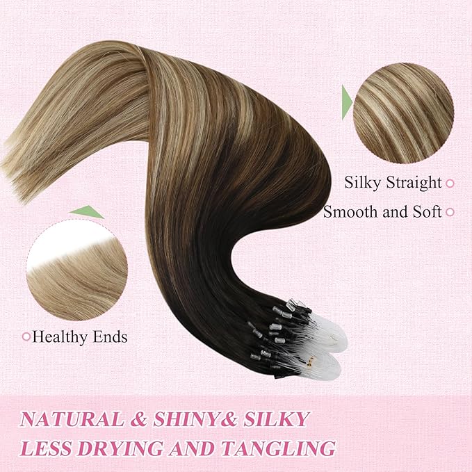 YoungSee Micro Loop Hair Extensions Real Human Hair Balayage 16In Microbead Hair Extensions Human Hair Dark Brown Ombre Blonde with Brown Roots Beaded Hair Extensions Soft and Silky 50g 50s