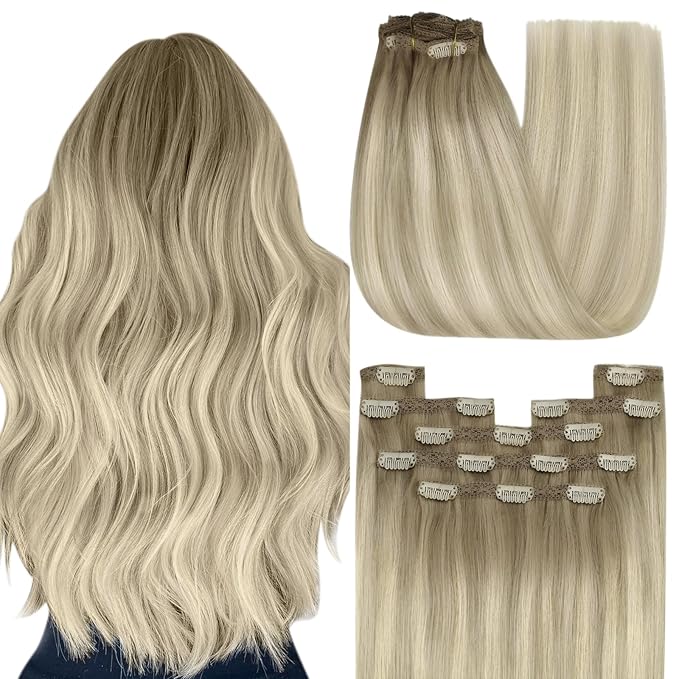 YoungSee 150g Clip in Hair Extensions Real Human Hair Ombre Blonde Clip in Extensions Light Ash Brown to Platinum Blonde Hair Extensions Clips in for Women 20Inch 7Pcs
