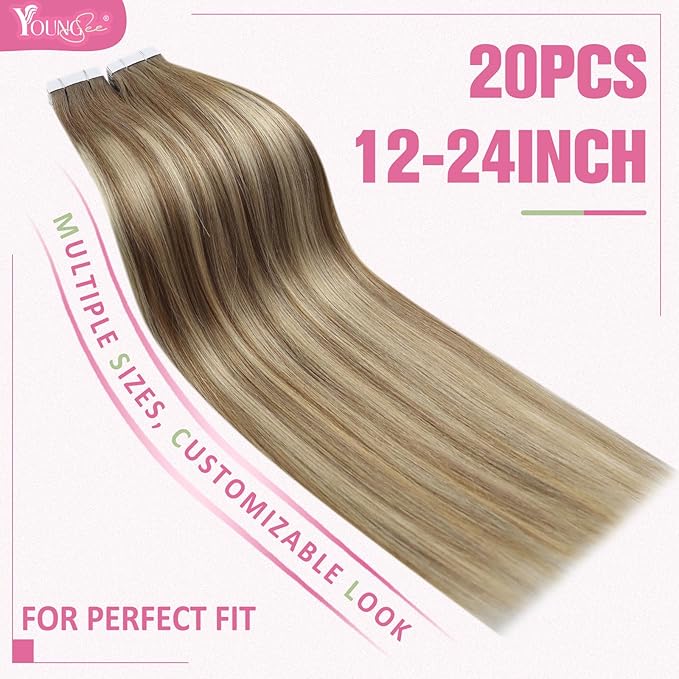 YoungSee Human Hair Tape in Extensions Balayage Tape in Hair Extensions Human Hair Light Brown Ombre Blonde Tape ins Hair Silky Straight 20 Inch Seamless Hair Extension Soft 20pcs 50g