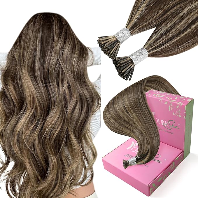 YoungSee Itip Hair Extensions Real Human Hair Brown I Tips Hair Extensions for Women Highlight Dark Brown and Blonde Itip Hair Extension for Long Hair 24In Invisible Keratin Hair Extension 50g 50s