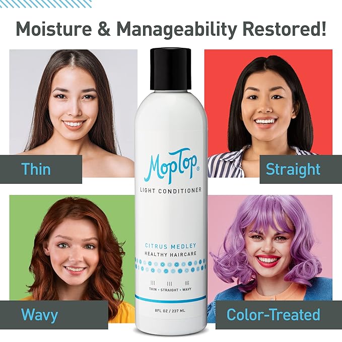 MopTop Lightweight Curly Hair Shampoo and Conditioner Set – Gentle Shampoo + Light Conditioner, Reduces Frizz & Restores Dry Damaged Hair, Sulfate & Paraben Free – Wavy, Curly, Coily, Kinky (Set of 3)