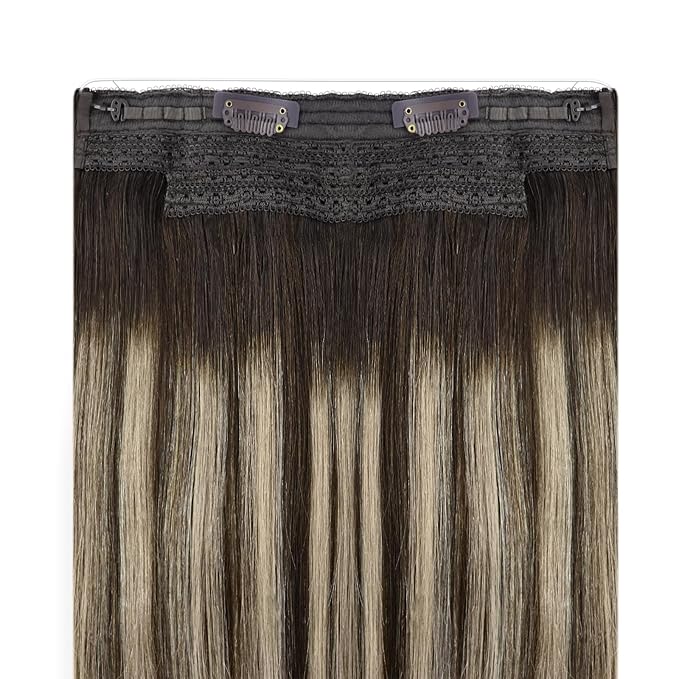 YoungSee Wire Hair Extensions Human Hair Balayage Brown Wire Extensions with Adjustable Clips Ombre Dark Brown with Ash Blonde Thickness Human Hair Extensions Blend Natural Looking 16Inch 80G