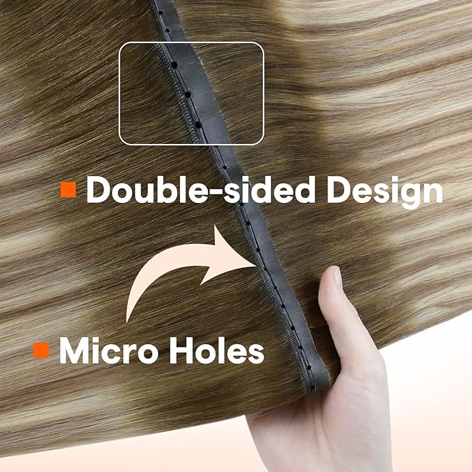 Full Shine Butterfly Weft Hair Extensions Human Hair Color Ombre Brown To Medium Blonde Double Pu Hole Weft Hand Tied Weft Extensions For Women 16 Inch Weave Bundles Add Volume 80 Grams
