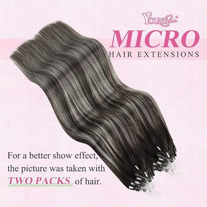 YoungSee Micro Link Hair Extensions Human Hair Ombre Bead Hair Extensions Real Human Hair Ombre Black to Silver Micro Human Hair Extension Soft 18In 50g 50s