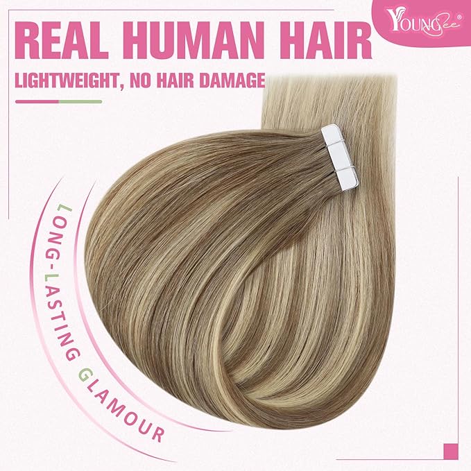 YoungSee Human Hair Tape in Extensions Balayage Tape in Hair Extensions Human Hair Light Brown Ombre Blonde Tape ins Hair Silky Straight 20 Inch Seamless Hair Extension Soft 20pcs 50g