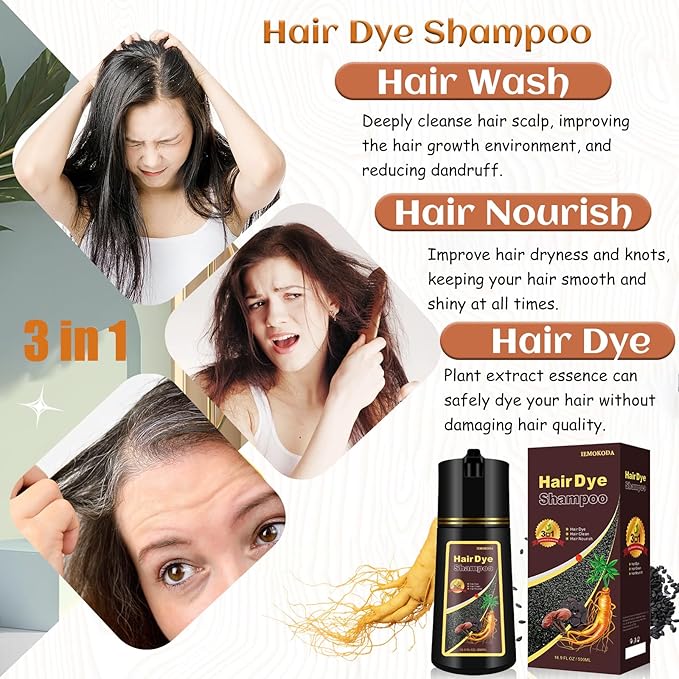 Natural Light Brown Hair Dye Shampoo 3 in 1 for Men & Women, Herbal Instant Color Shampoo Para Canas, 100% Gray Hair Coverage, 16.9 Fl Oz
