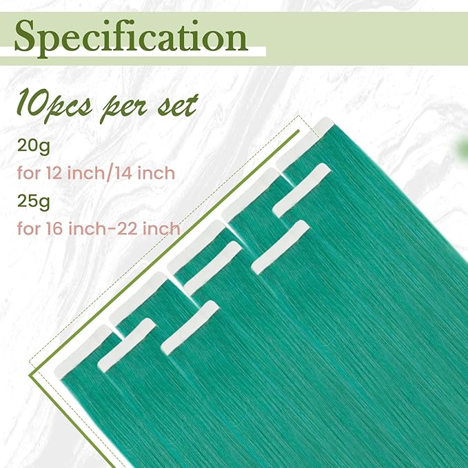 RUNATURE Colored Tape ins Human Hair Extensions Silky 20 Inch Long Tape in Teal Hair Extensions Natural Hair Invisible Glue in Remy Hair Extensions Teal Full Ends 10pcs 25g