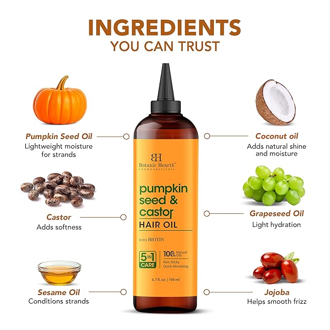 Botanic Hearth 100% Pure Pumpkin Seed Castor Oil For Hair Growth (6.7 fl oz)| Infused with Pumpkin, Castor, Biotin | Hair Oil Repairs Dry Damaged Hair, Strengthening, Healthier Hair- Hair Tonic