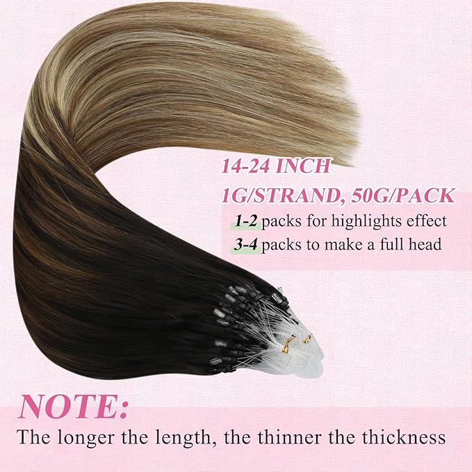 YoungSee Micro Loop Hair Extensions Real Human Hair Balayage 16In Microbead Hair Extensions Human Hair Dark Brown Ombre Blonde with Brown Roots Beaded Hair Extensions Soft and Silky 50g 50s