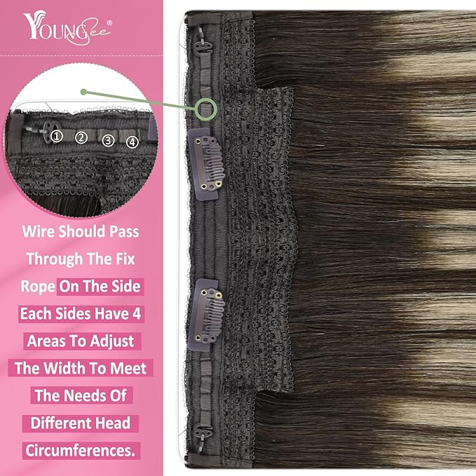 YoungSee Wire Hair Extensions Human Hair Balayage Fish Line Human Hair Extensions Ombre Dark Brown with Ash Blonde Straight Wire Extensions Real Human Hair Softness Human Hair Extensions 14Inch 80G