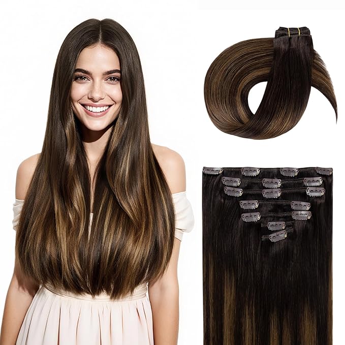 Clip in Hair Extensions Real Human Hair, Silky Remy Hair Extensions Clip Ins, Salon Quality Straight Human Hair for Women, Dark Brown to Chestnut Brown #2TP6/2 22Inch 120G 7PCS