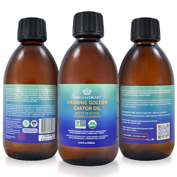 QUEEN OF THE THRONES Organic Golden Castor Oil - | 100% Pure & Expeller-Pressed for Hair, Skin & Nails | Hexane Free | USDA Certified (8.4oz (250 ml))
