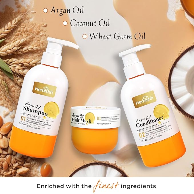 Herbishh Moroccan Argan Oil Shampoo and Conditioner Set with Hair Mask, Moisturizing & Deep Cleansing Kit For Dry, Damaged, Frizzy Hair, Color Safe & UV Protection 16.9fl.oz + 16.9fl.oz + 10.1 fl.oz