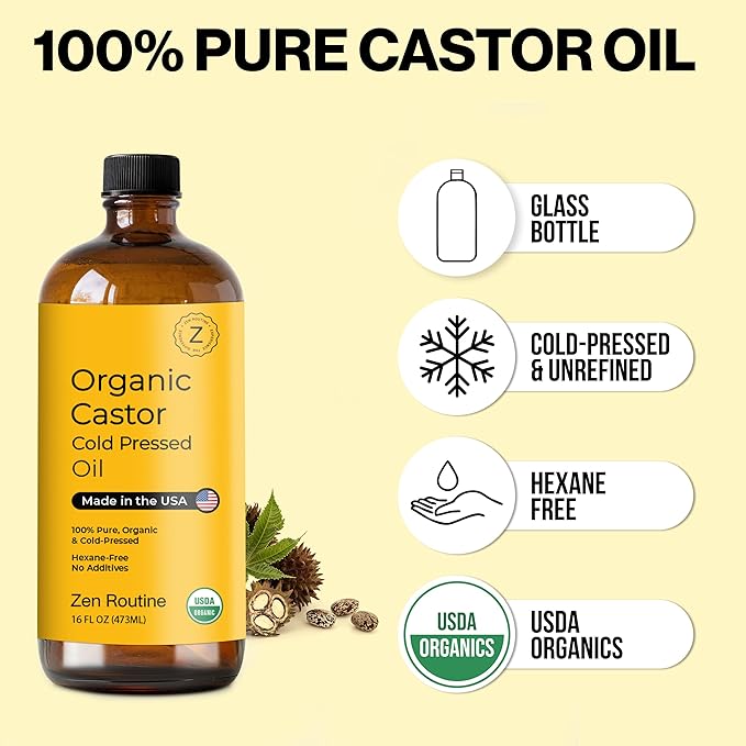 Zen Routine Organic Castor Oil (BIG Glass Bottle - 32oz) Hexane Free – Hair Growth Oil, Eye Lashes & Stomach – Pure 100% Cold Pressed Unrefined Oil for Castor Pack – USDA Certified, Made in the USA