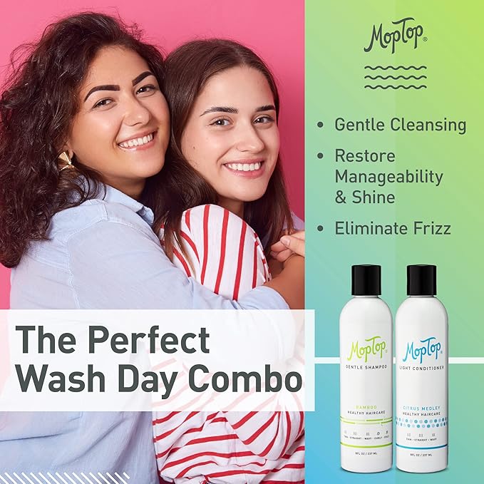 MopTop Lightweight Curly Hair Shampoo and Conditioner Set – Gentle Shampoo + Light Conditioner, Reduces Frizz & Restores Dry Damaged Hair, Sulfate & Paraben Free – Wavy, Curly, Coily, Kinky (Set of 3)