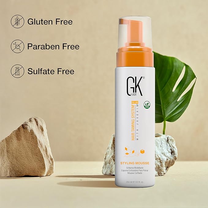 GK HAIR Global Keratin Volumizing Hair Styling Mousse (8.5 Fl Oz/250ml) -Enhances Curls Added Volume with Medium Hold & Boost Shine Moisturizing Blow Dry Frizz Control Foam for All Hair Types -Unisex