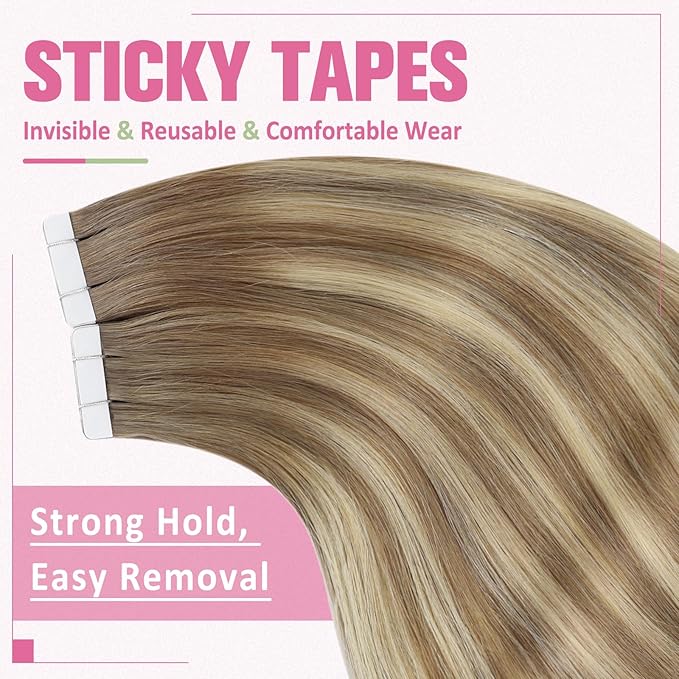 YoungSee Human Hair Tape in Extensions Balayage Tape in Hair Extensions Human Hair Light Brown Ombre Blonde Tape ins Hair Silky Straight 20 Inch Seamless Hair Extension Soft 20pcs 50g