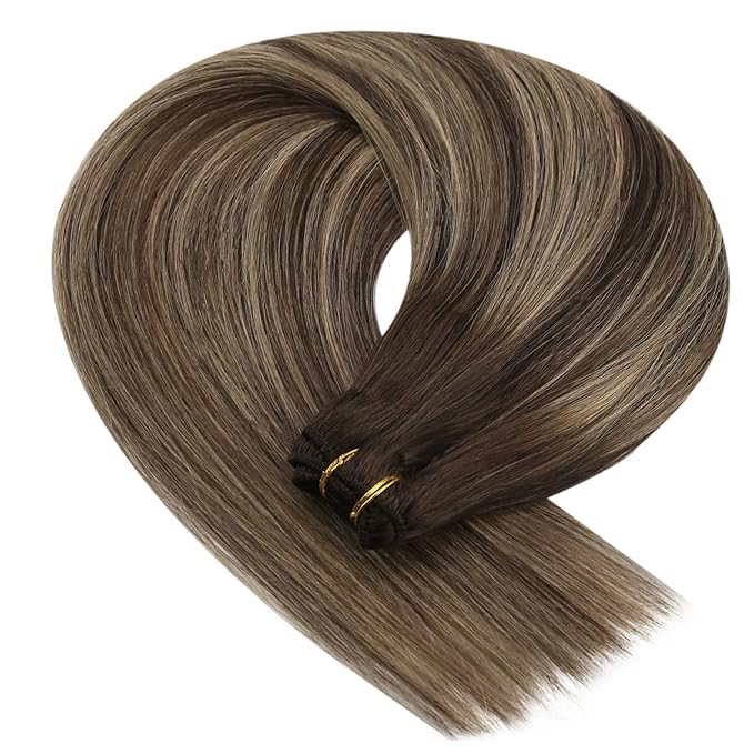 YoungSee Weft Hair Extensions Balayage Sew in Hair Extensions Dark Brown Fading to Caramel Blonde Mix Brown Balayage Silky Smooth Human Hair Weft Extensions for Women 16Inch 100G