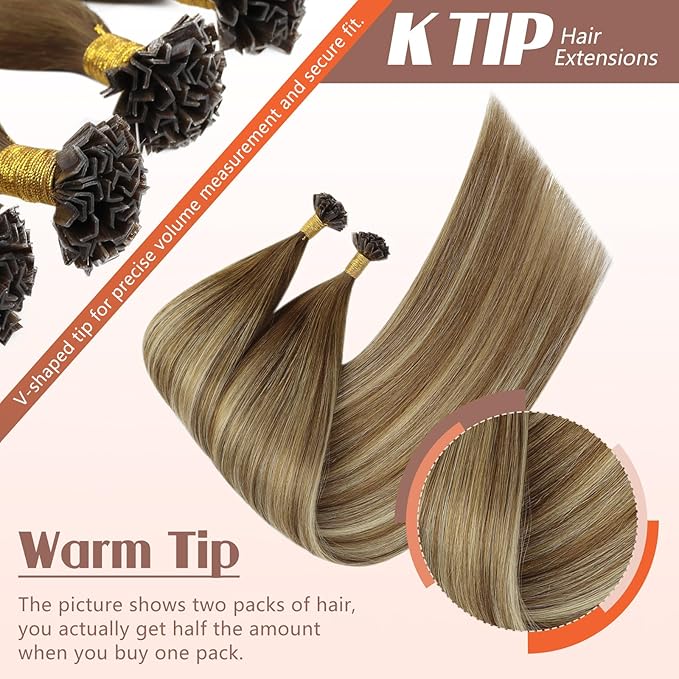 Sunny Hair K Tip Hair Extensions Real Human Hair Chestnut Brown to Platinum Blonde Balayage Keratin Human Hair Extensions 18inch Keratin Bond Hair Extensions Soft 50g