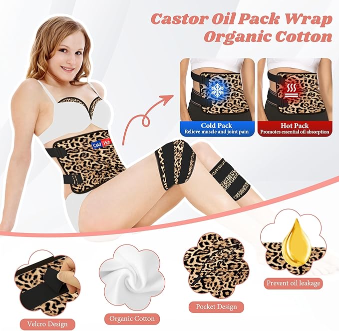 12 Pcs Castor Oil Pack Wrap, Reusable Castor Oil Pack Kit Organic Cotton for Shoulder Hands Neck Waist Chest Knees and Feet, Adjustable Compress Pads for Entire Body, Machine Washable Anti Oil Leak
