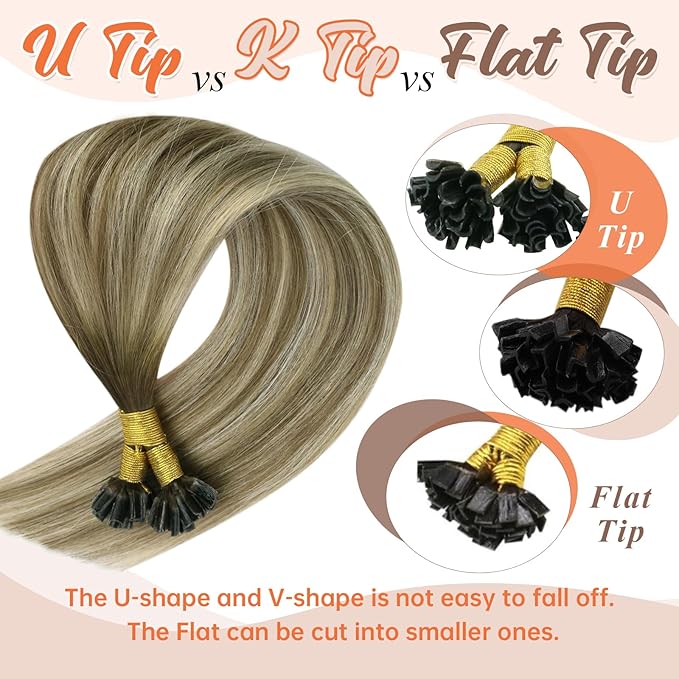 Sunny Hair U Tip Hair Extensions Human Hair Brown Ombre Keratin Hair Extensions Human Hair Dark Brown Balayage with Light Blonde K Tips Hair Extensions Real Human Hair Add Volume 14inch 50g