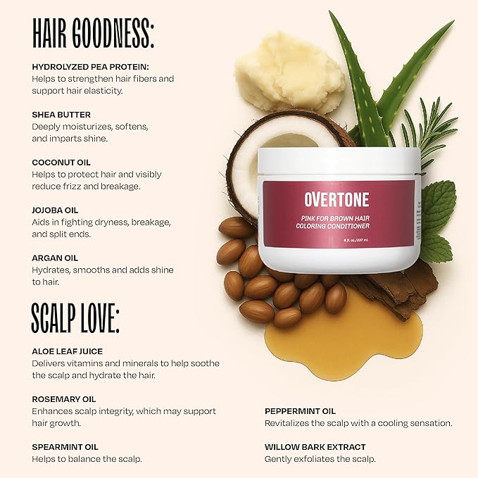 Overtone Color Depositing Semi-Permanent Hair Dye Conditioner - 8 oz For Natural & Color-Treated Hair, Moisturizing Shea Butter & Coconut Oil - Vegan & Cruelty-Free, Pink for Brown is now Raspberry