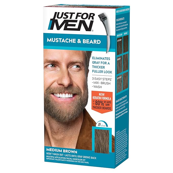 Just For Men Mustache & Beard, Beard Coloring for Gray Hair with Brush, with Keratin Biotin Aloe and Coconut Oil for Healthy Facial Hair - Medium Brown, M-35, Pack of 1 (Packaging May Vary)