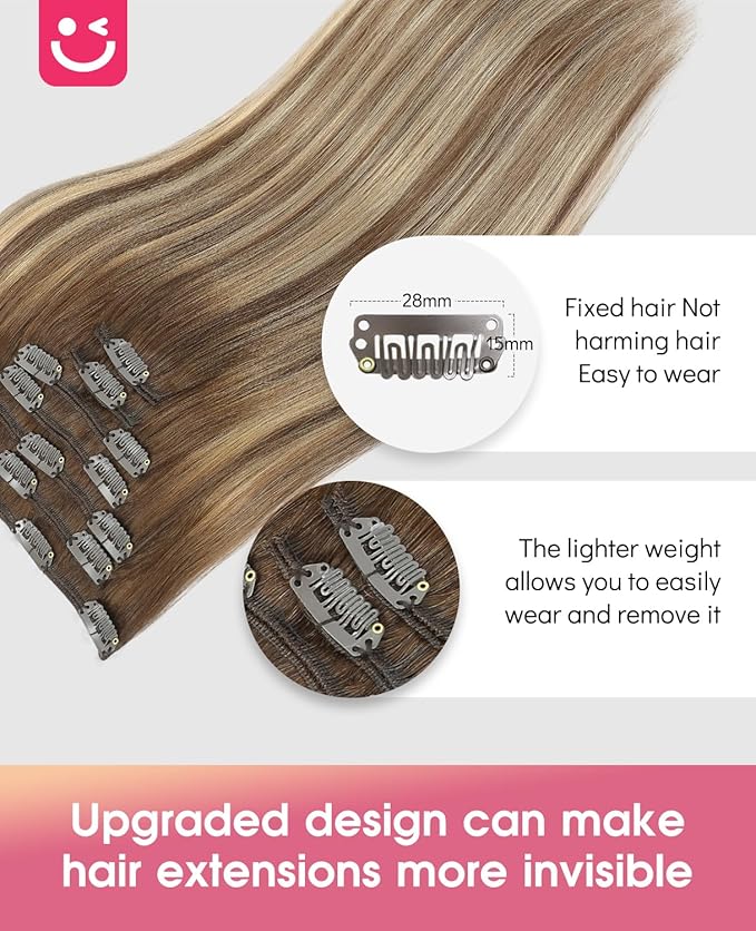 Youngsmile Human Hair Clip in Extensions, 16 Inch 120g 7Pcs Hair Extensions Clip in Balayage Chocolate Brown Mixed Caramel Blonde Human Hair Easy to Install,Thick End,Soft Silk (CLIP#4/27/4-16Inch)