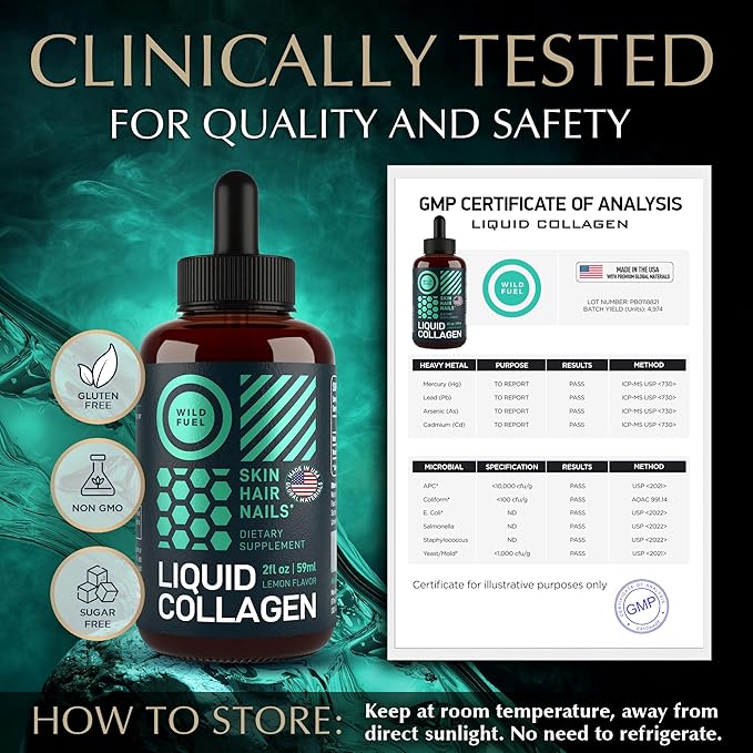 Liquid Collagen Peptides with Biotin Drops - 15,000mcg Collagen Liquid for Women and Men plus Biotin - Youthful Skin, Hair Growth, Strong Nails - Hair Vitamins for Hair Loss - Lemon Flavor - 2x2oz