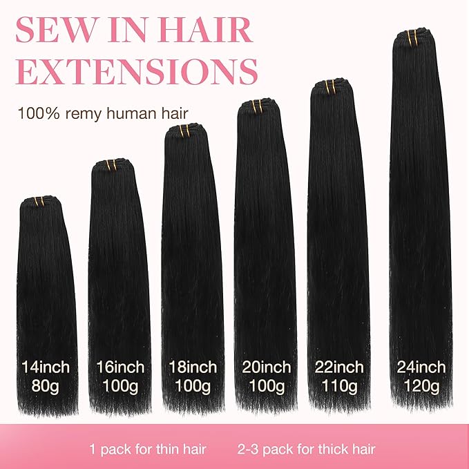 GOO GOO Sew in Hair Extensions Real Human Hair, Weft Hair Extensions Human Hair, 1 Jet black 14inch 80g, Weft Bundles Straight Silky Remy Hair