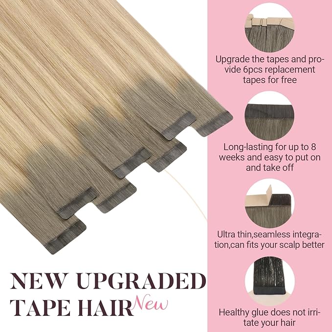 MAXITA Seamless Tape in Hair Extensions Human Hair, 100% Human Tape in Hair Extensions Light Ash Brown to Dirty Brown and Sun Blonde 16 Inch 50g 20pcs,Invisible Seamless Remy Tape for Extensions