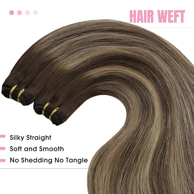 YoungSee Weft Hair Extensions Balayage Sew in Hair Extensions Dark Brown Fading to Caramel Blonde Mix Brown Balayage Silky Smooth Human Hair Weft Extensions for Women 16Inch 100G