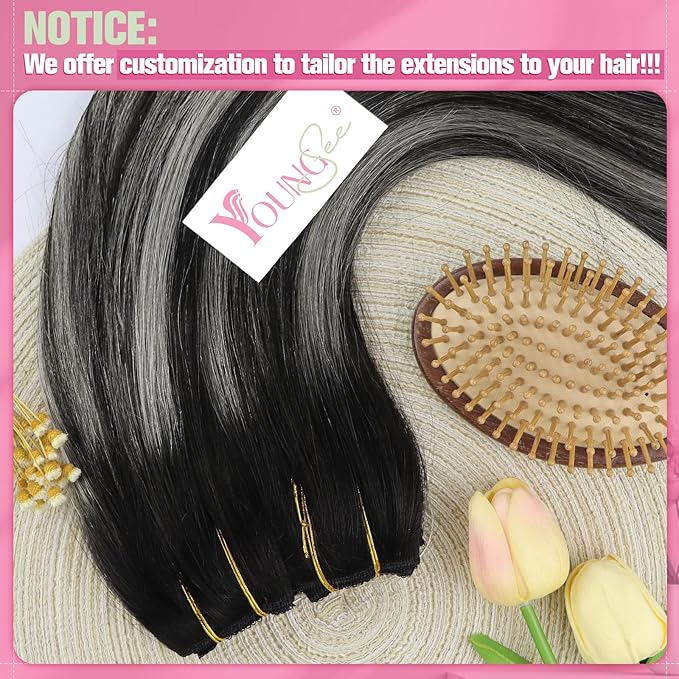 YoungSee Wire Hair Extensions Real Human Hair Ombre Secret Wire Human Hair Extensions Blend of Black and Silver with Black Roots Natural Hair Extensions Human Hair Silky Smooth Hair Extension 14In 80G
